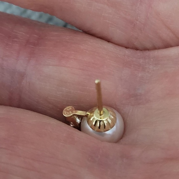 Gold Cultured Pearl and Diamond Earrings - Picture 7 of 8